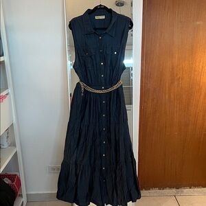 Michael Kors Elegant denim blue  Sleeveless Dress with Gold Chain Belt
